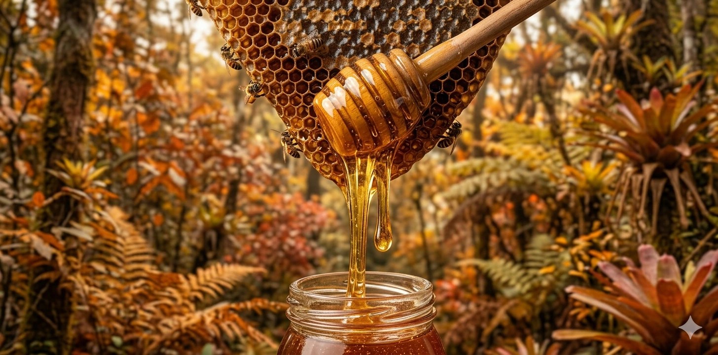Fotografia macro e realista destacando a colheita de mel na Mata Atlântica durante o outono. O mel premium flui espesso e dourado de um favo de abelhas nativas (meliponicultura regenerativa) para um pote. O fundo exibe a vegetação densa do bioma brasileiro com folhagem em tons quentes de ocre e laranja, iluminado pela luz suave do final de tarde."