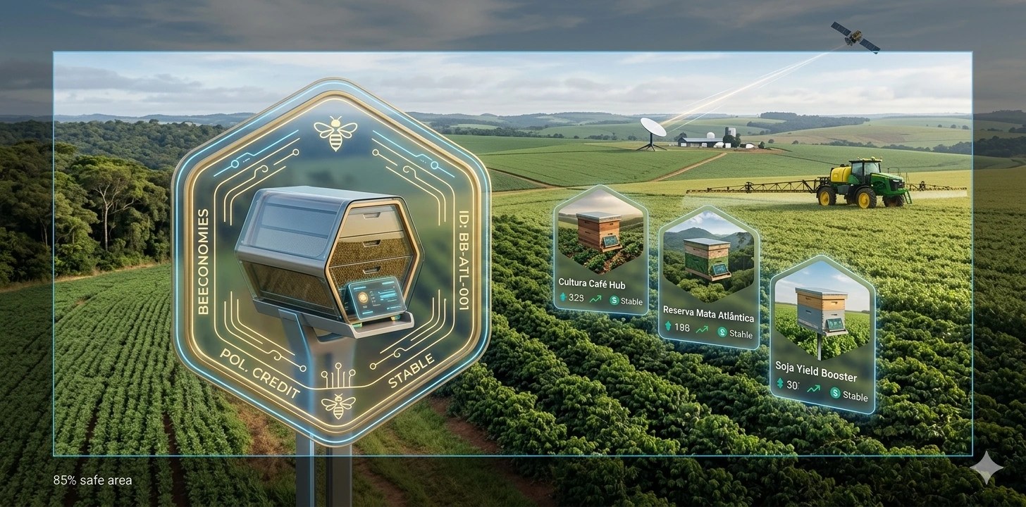 Ilustração 3D hiper-realista de um marketplace de ativos biológicos (RWA) da Beeconomies, exibindo uma colmeia tecnológica tokenizada em primeiro plano, integrada a uma plantação de soja e café monitorada por satélites e maquinário agrícola de precisão.